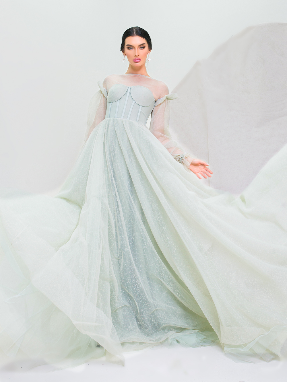 NELLY DRESS - Mores Couture "Mint green Nelly Dress with cloche wavy design, corset bodice, and soft fabric, perfect for elegant evening events, weddings, and engagement parties."